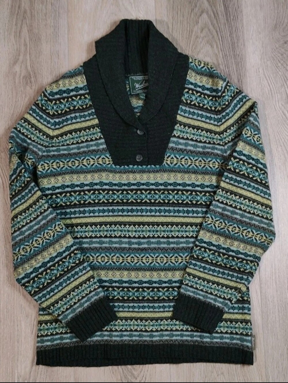 Woolrich Green Fair Isle Pattern 100% Lambswool Shawl Cardigan Size S